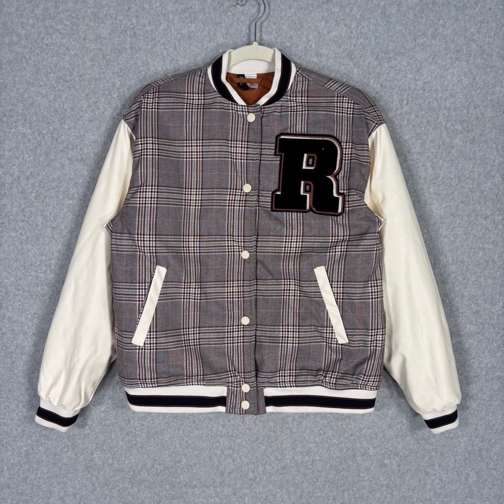 H&M Varsity‎ Letterman Jacket XXS Brown Cream Bomber Faux Leather 50s Rockabilly